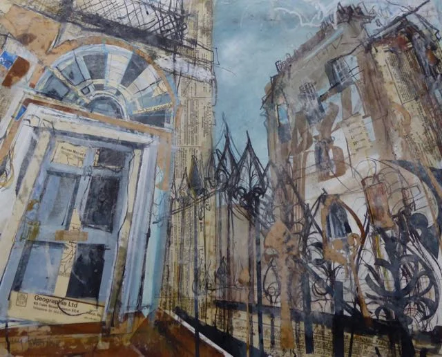 West End Railings Mixed Media with Wax, 63 x 50cm, 2018 