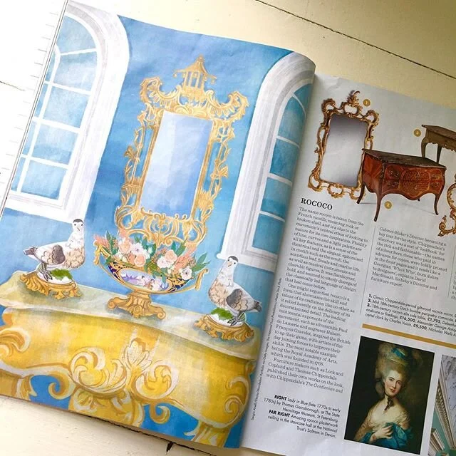Had a great commission from the lovely team @homes_antiques magazine to illustrate home decor from the Georgian eras... of which there turns out to be quite a few! Rococo, Chinoiserie, Neo-Classical, Egyptian and Regency- Those Georgians were on it! 