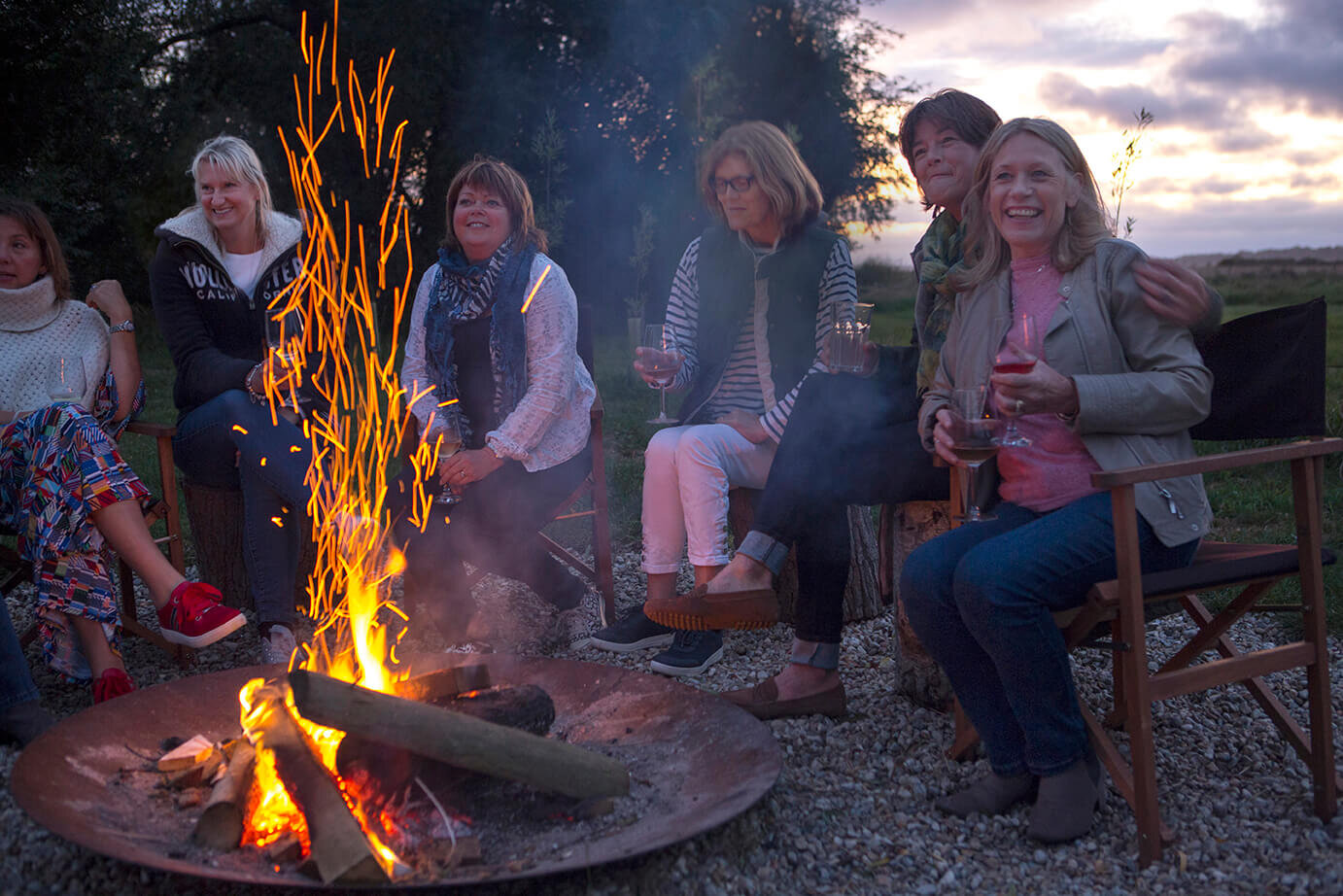 Book Club around the firepit at Wheatfields Luxury Glamping