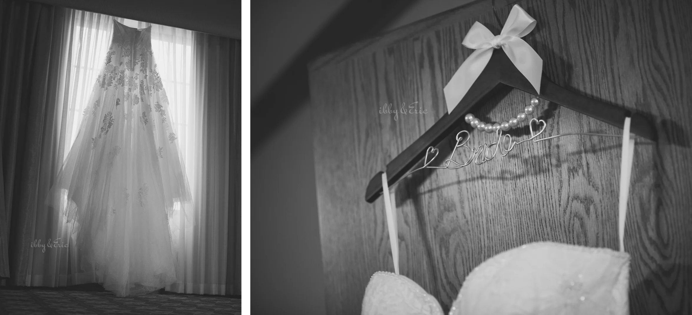 Black and white images of a white, lace wedding gown hanging on a custom Bride hanger.