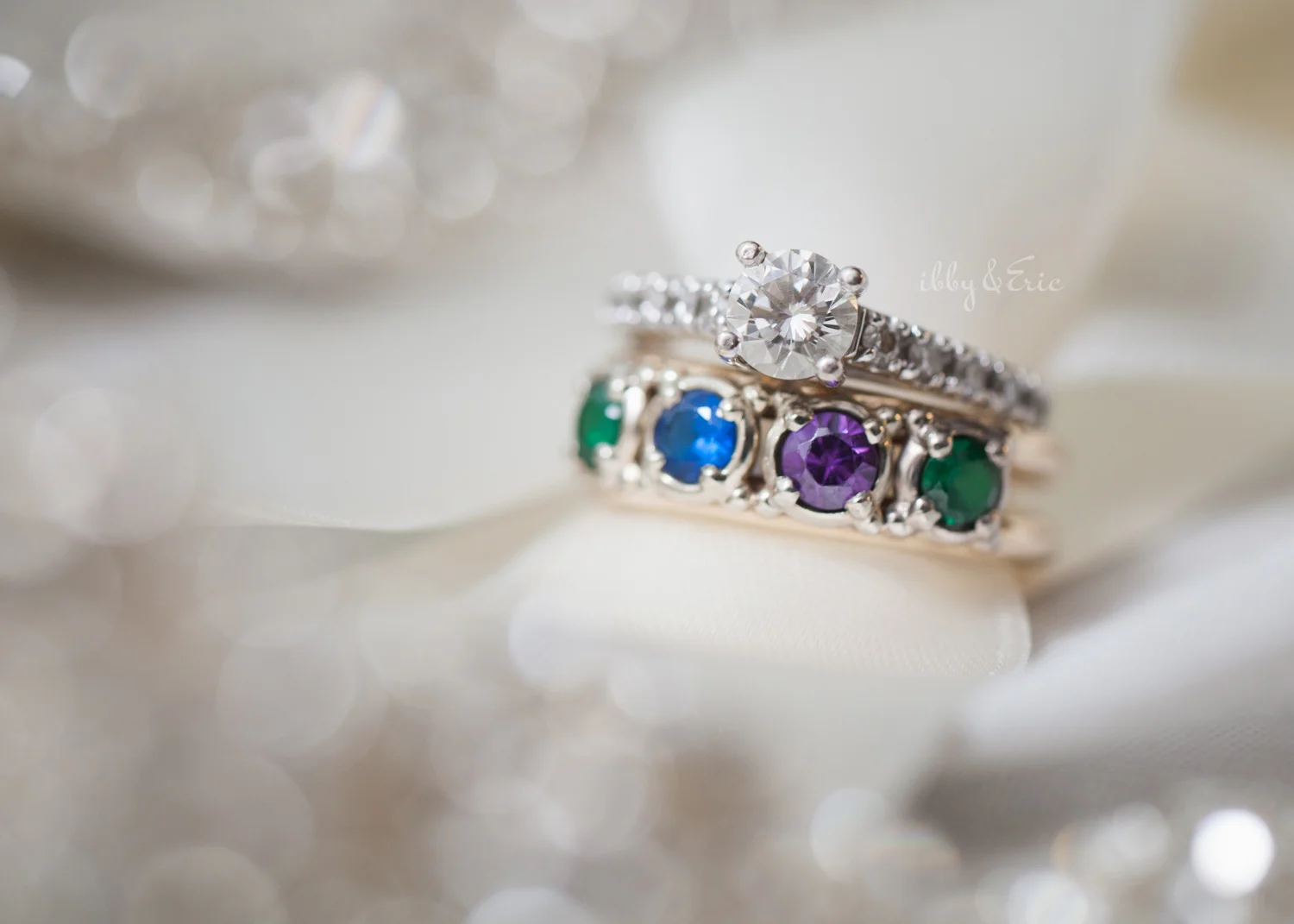 Diamond engagement ring and multi color gemstone ring.