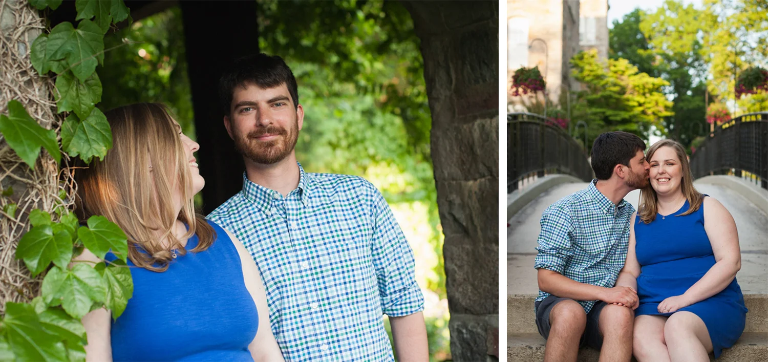 Woman in blue dress and man in blue plaid shirt smile for engagement photos in Worcester, Massachusetts.