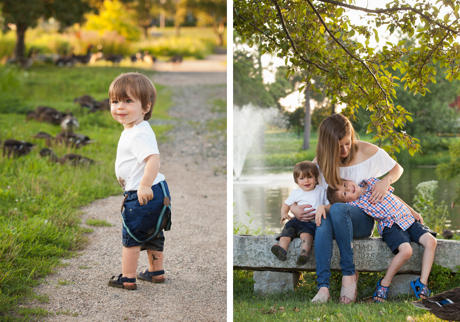 2 year old boy stands in front of ducks in a park. Mom tickles her sons while sitting on a bench in front of a pond.