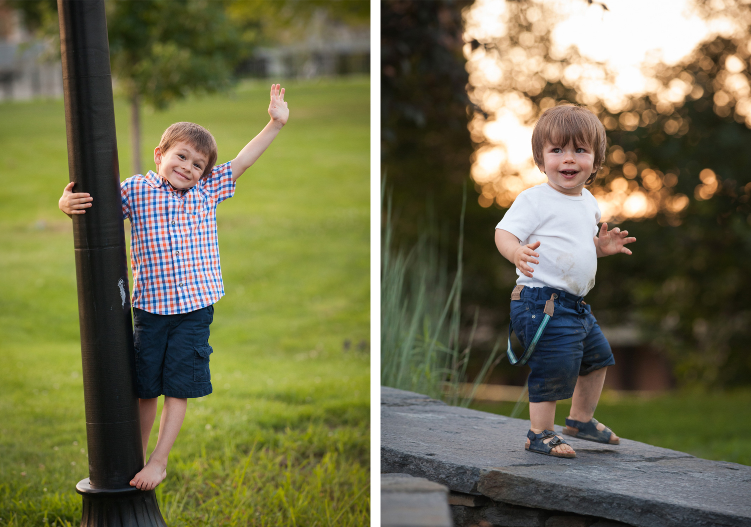 Young boy in plaid shirt hangs onto a lamp post and waves. Toddler boy in muddy clothes smiles in front of the sunset.