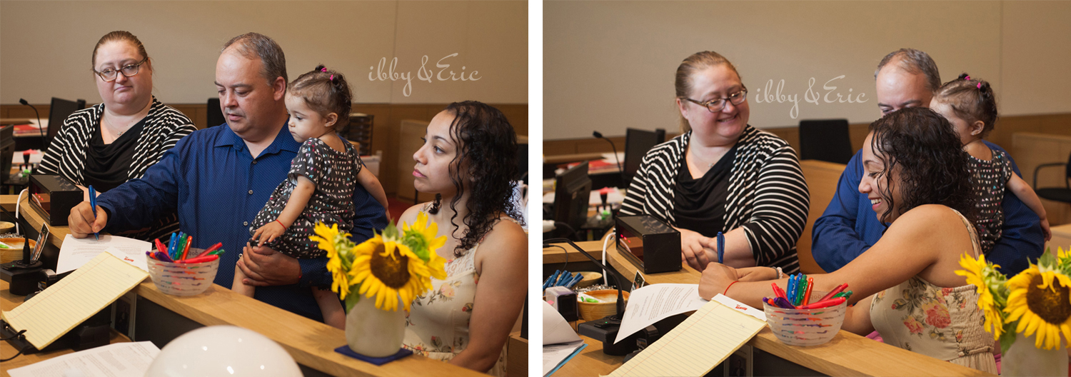 Multiple photos of a family signing adoption documents with their attorney in the Franklin County Superior Court.