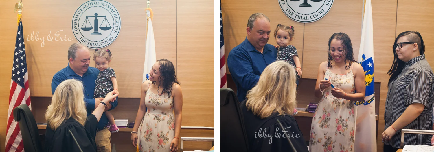 A family visits with a federal judge just after their daughter's adoption ceremony in Greenfield, MA.