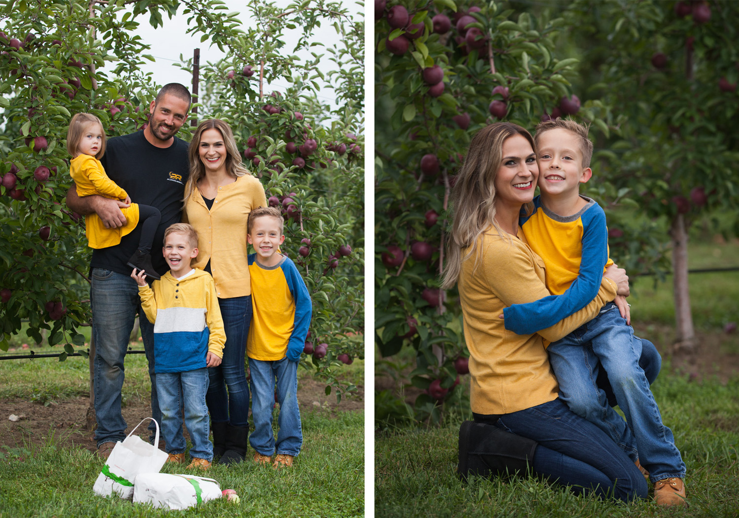 Collage of a family wearing blue & yellow laughing together in front of the apple trees at Park Hill Orchard in Easthampton.