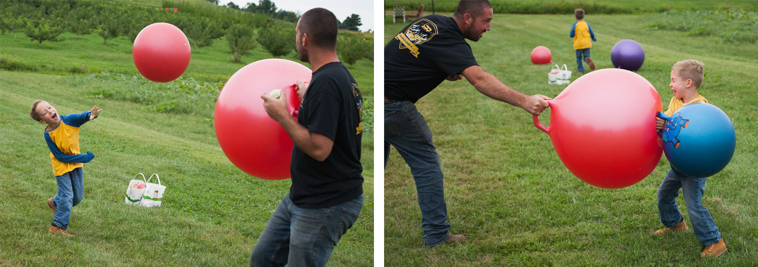 Dad and his sons throw giant bouncing balls at each other at an apple orchard.