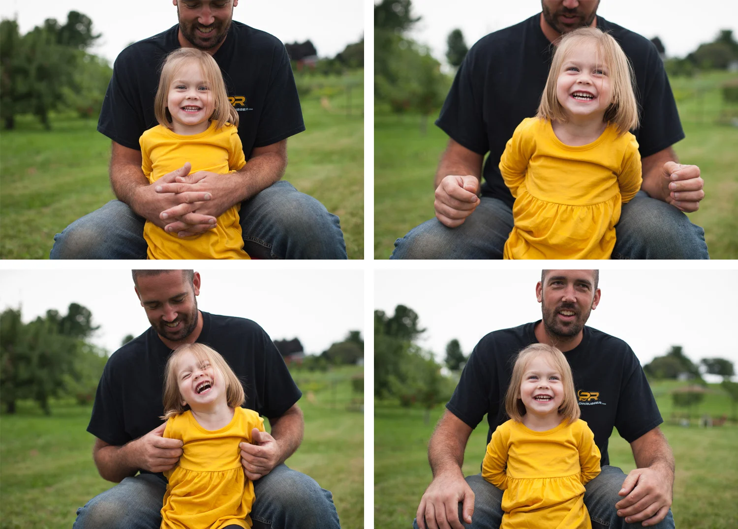 Collage of photos of dad wearing black tshirt tickling his laughing 2 year old daughter in yellow dress.
