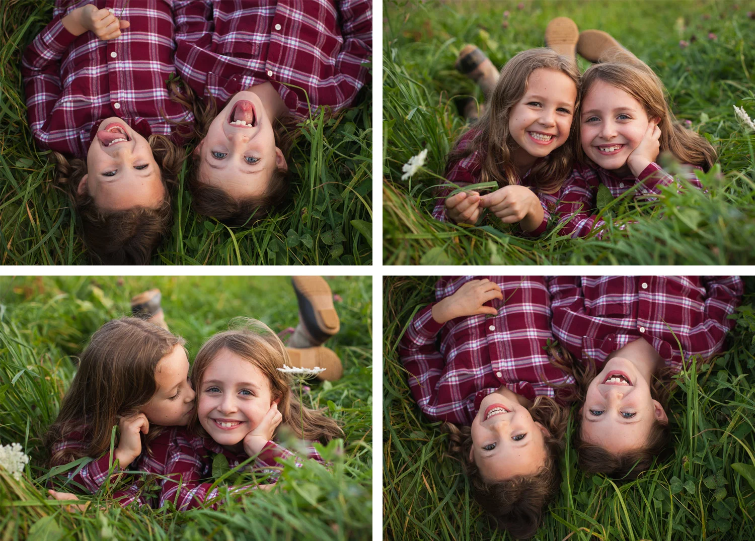 Collage of close up photos of two sisters laying in the grass, smiling and making silly faces.