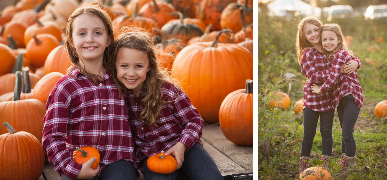 Two sisters wearing matching red flannel shirts pose for pictures in a pumpkin patch
