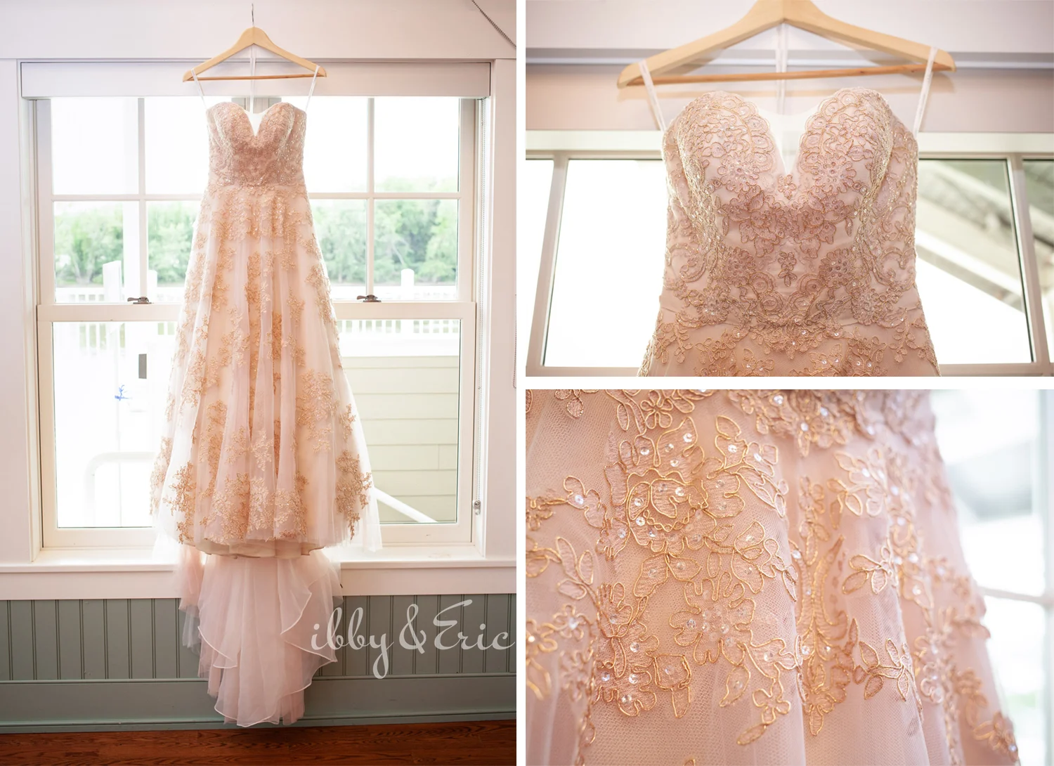 Multiple photos of a blush floral lace wedding gown on a wooden hanger in a window at the Glastonbury Boathouse.