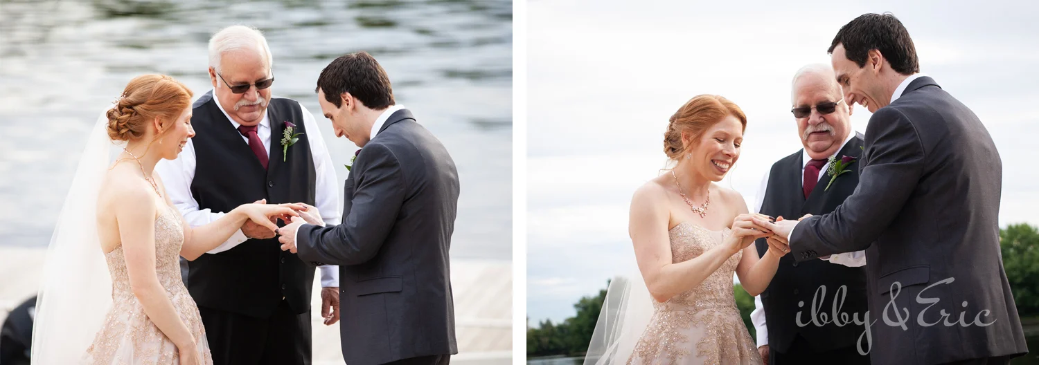 Bride and groom exchange rings during their waterfront wedding ceremony in Glastonbury.