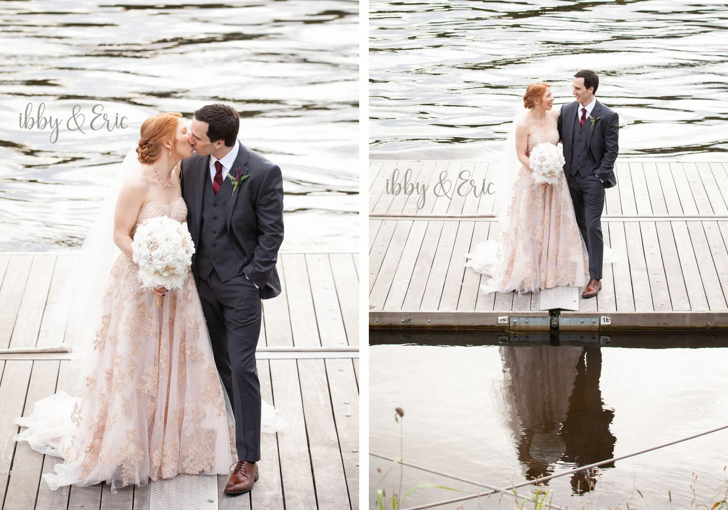 Bride and groom kissing and looking at each other while standing on a dock by the river.