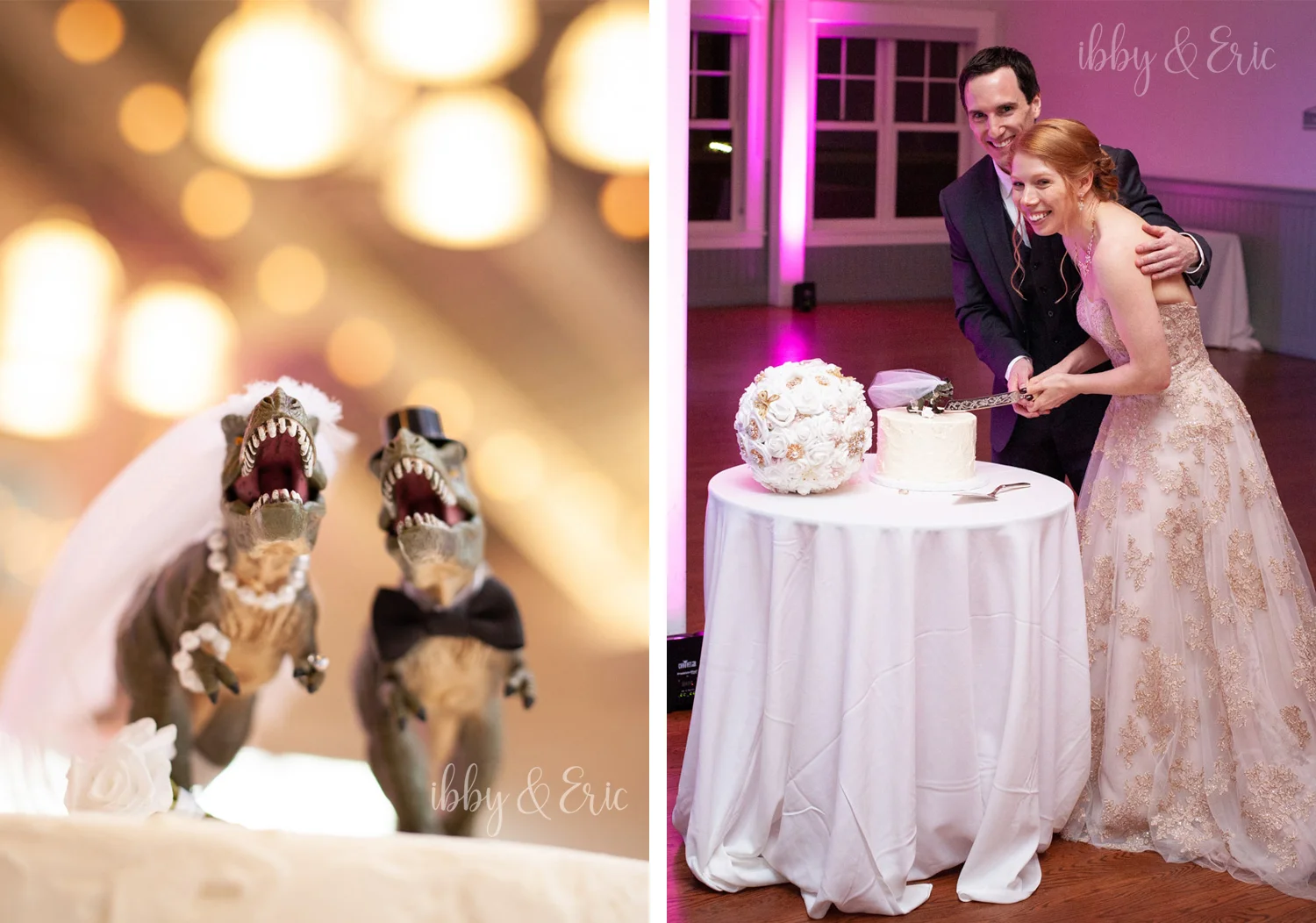 Bride & groom cut the cake, with realistic T-Rex dinosaur cake toppers