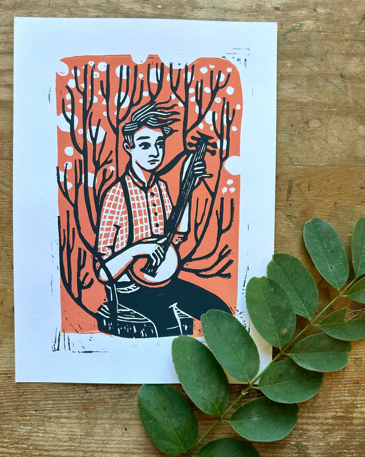 The Banjoist - Linocut Print