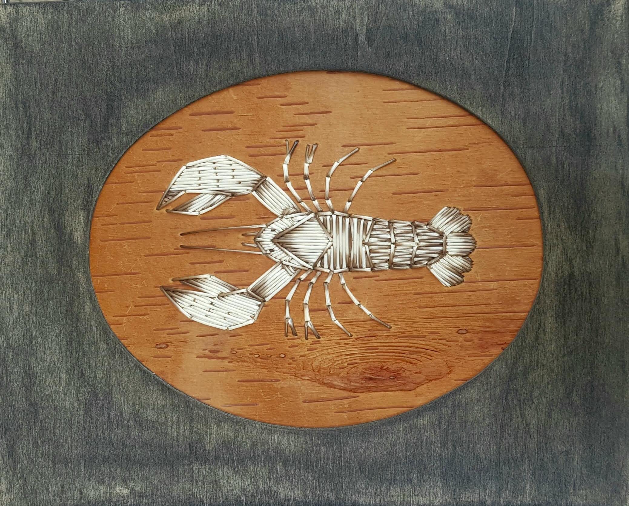 $700.00, French Acadian Lobster- 11"x14",  porcupine quills, birch bark,, wood panel