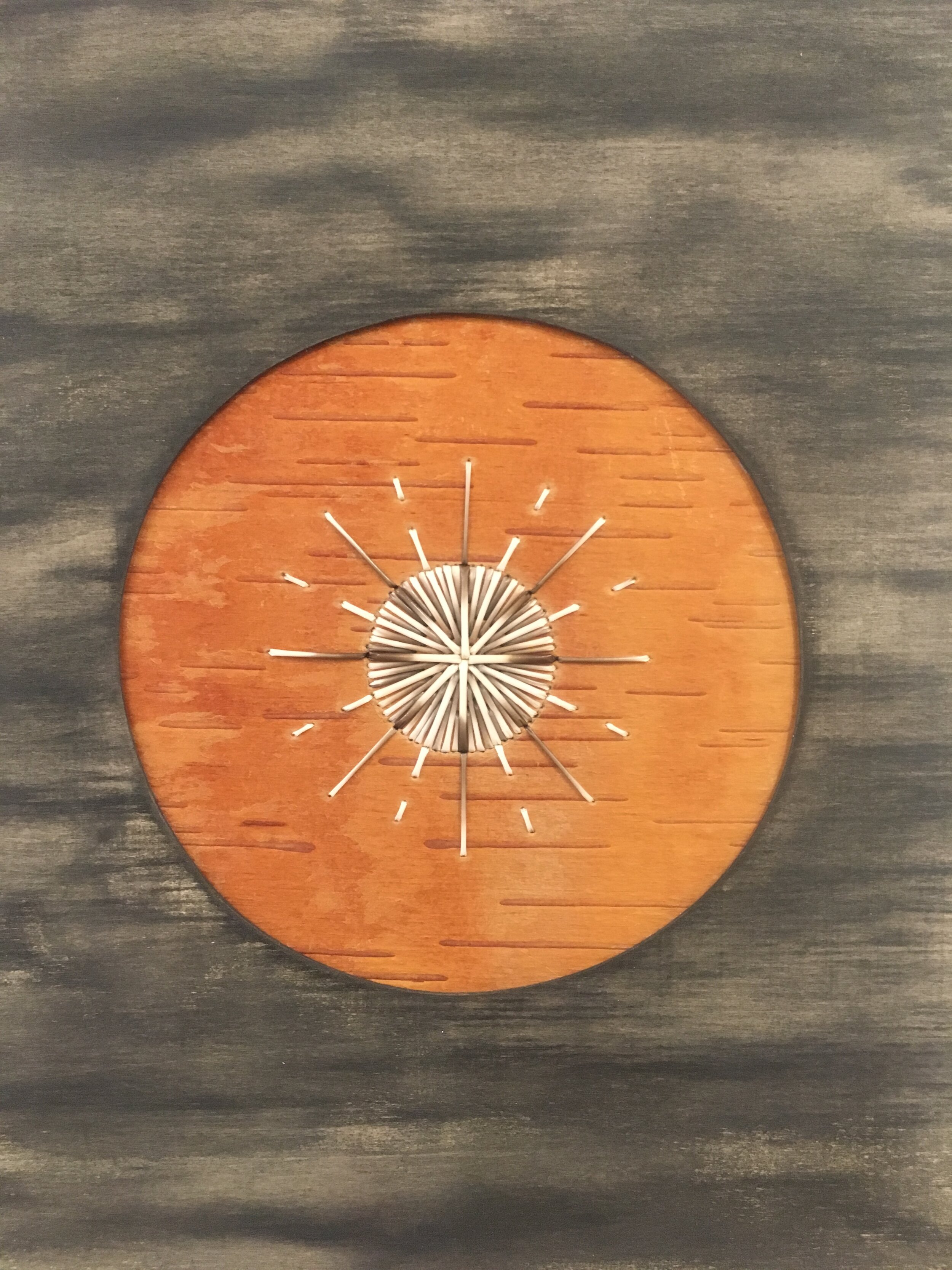 $700.00, Mona She Sines At Night - 10"x 8", found porcupine quills, birch bark on wood panel