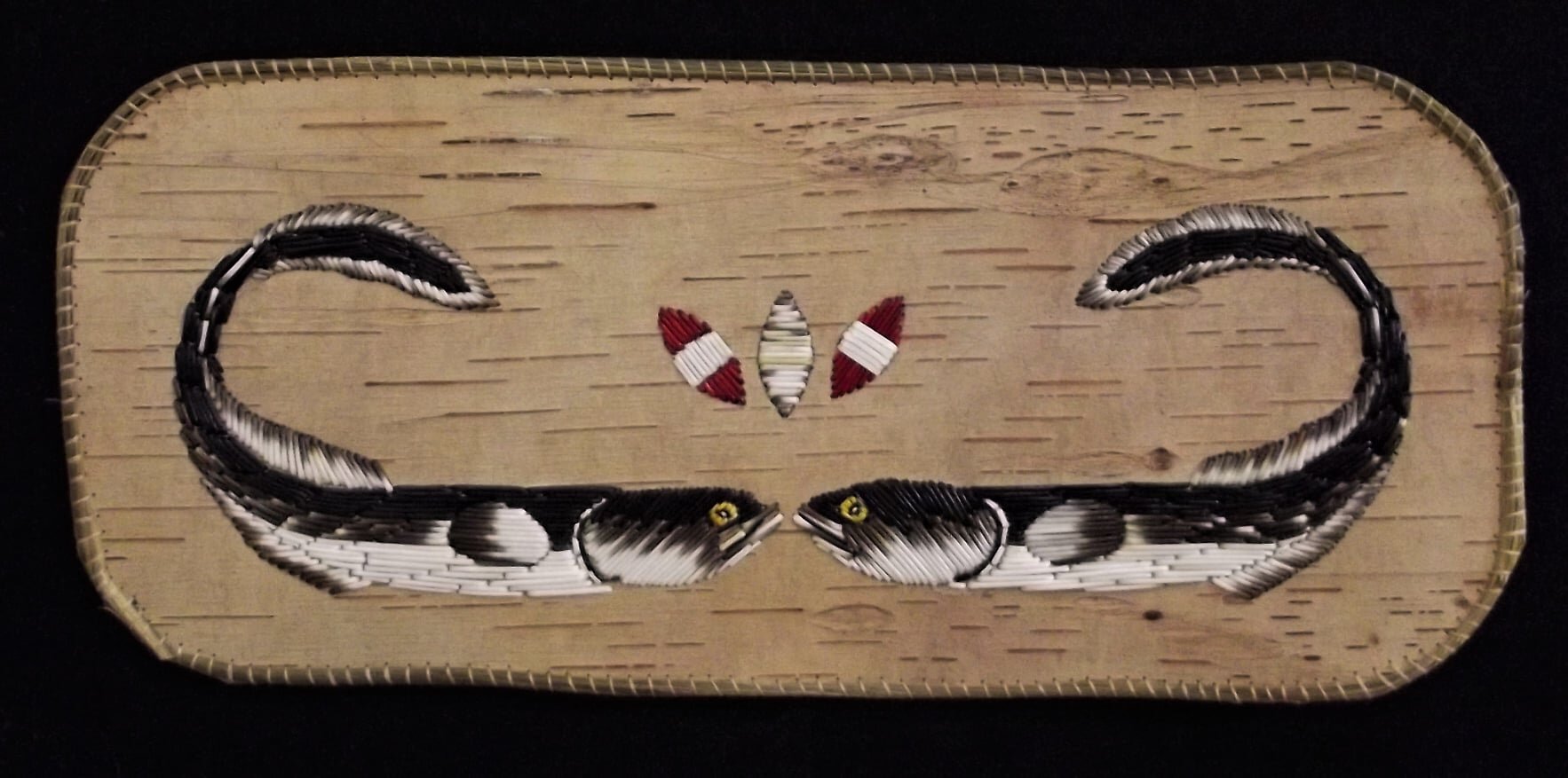 $2000.00, The Marshall Decision (Two Eals), Dyed Porcupine Quills Birch Bark, 10” x 22”