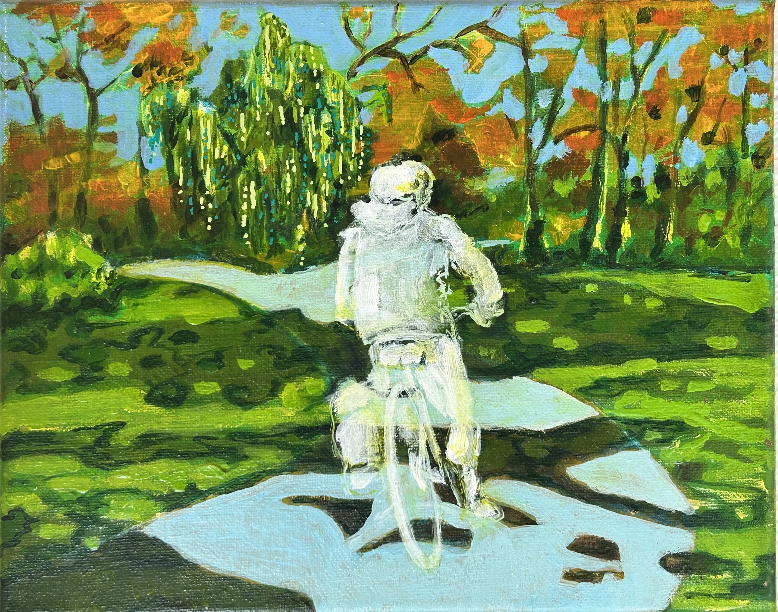 Willow Weeping for Ghost Bike, Parc Maisonneuve, 2025, 8" x 10", Acrylic on Canvas, $250