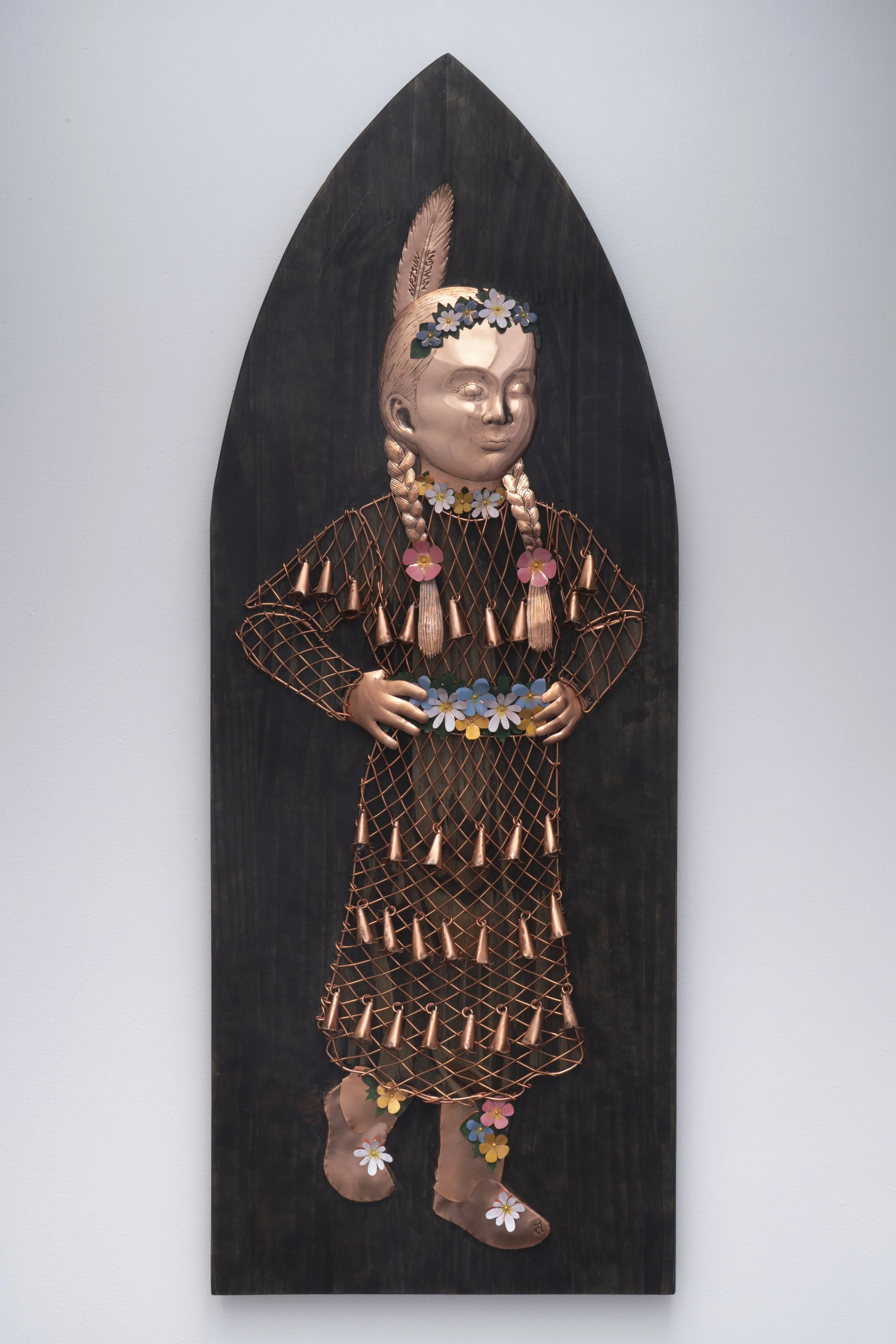 Npisun Amalgat (She Dances with Medicine) 37.75" x 14" Copper, Guilders Paste on Wood