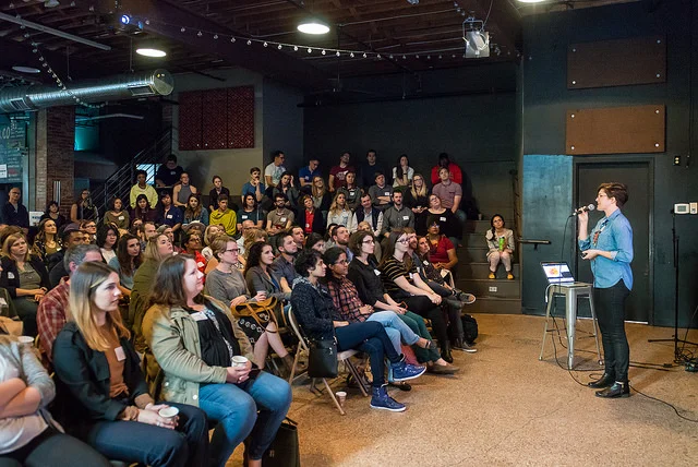 Mailande presenting a talk on curiosity at the RDU chapter of the Creative Mornings series. (Photo: Miller Taylor )