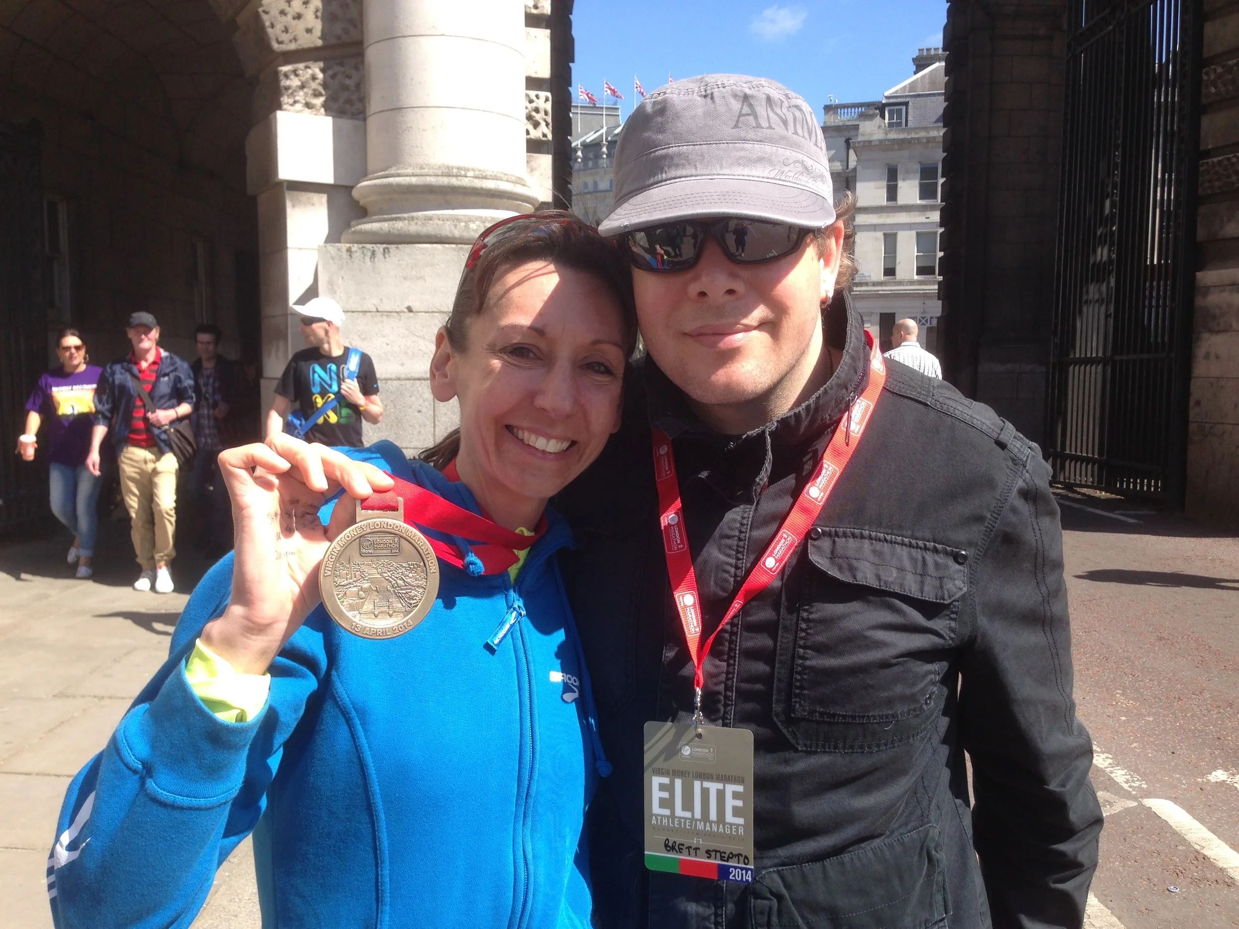 Emma and her husband Brett after the 2014 London Marathon