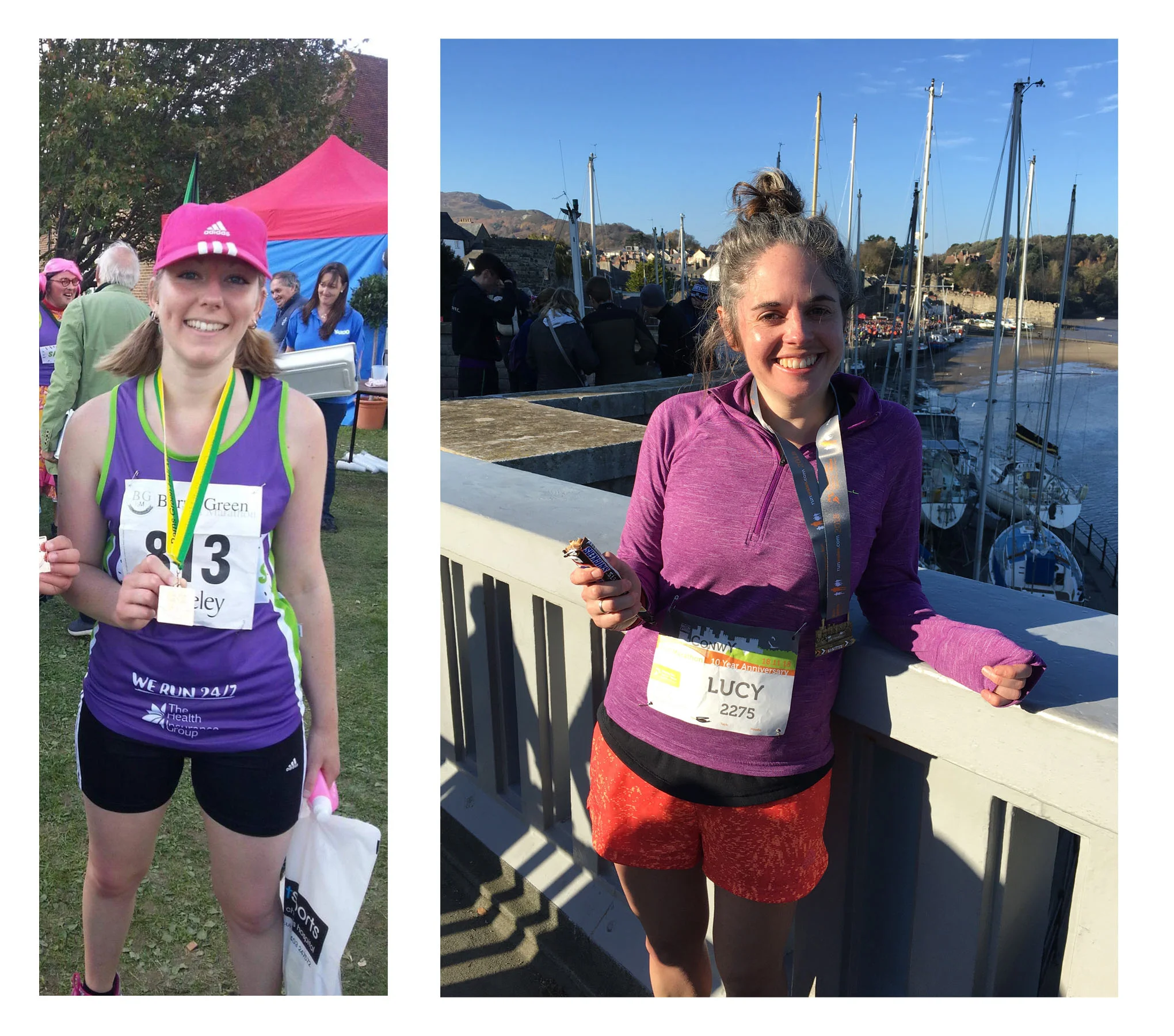 Lyndsey (left) finishes a half-marathon in 2015. Lucy (right) after finishing a half-marathon in 2018.