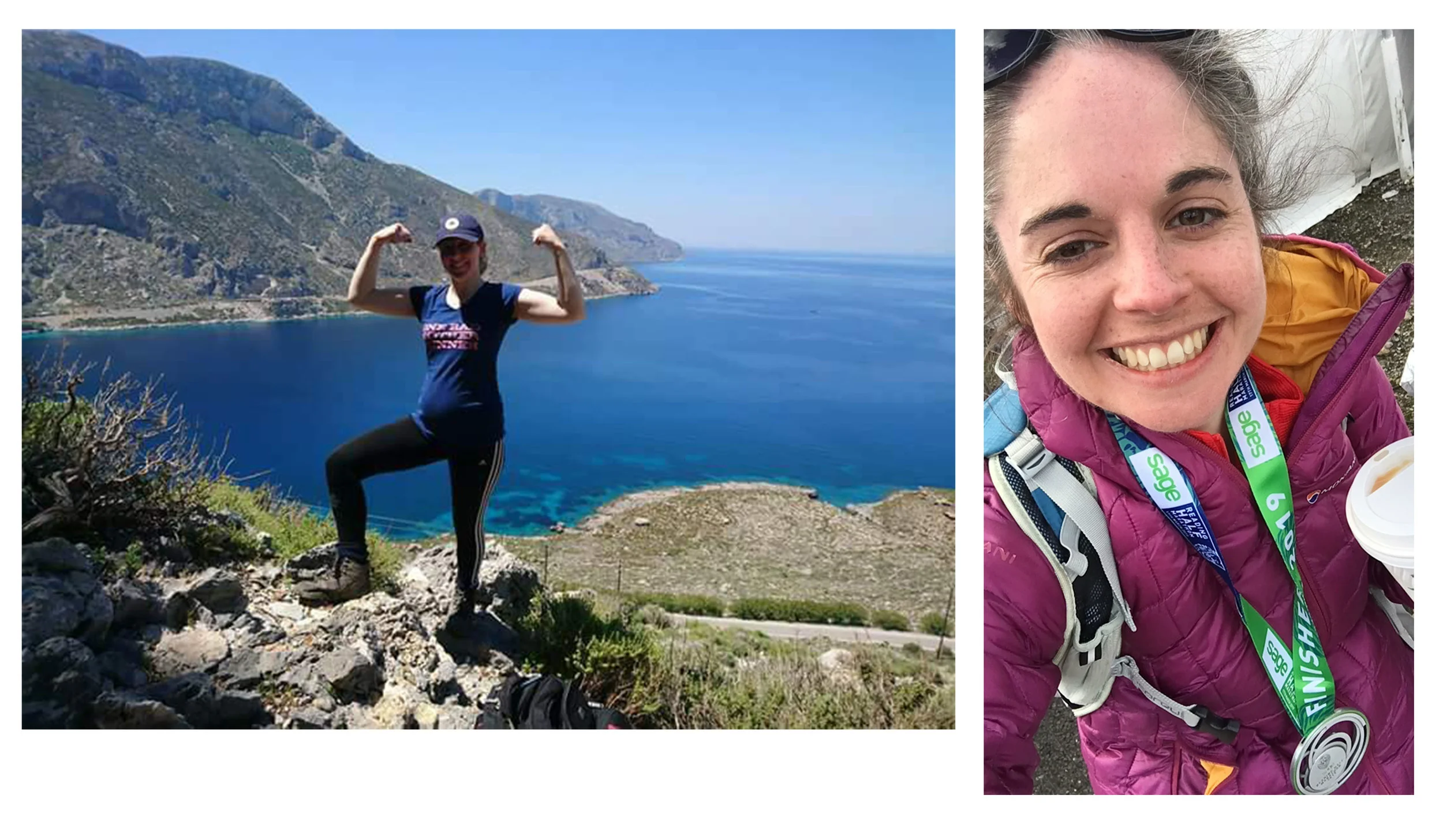 Lyndsey (left) pregnant hiking in 2017, Lucy (right) after the reading half marathon in 2019.