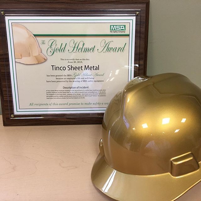 Tinco Sheet Metal has just earned the Golden Helmet Award for wearing the appropriate safety gear and preventing serious injury! Thank you to our team for their continued commitment to being safe