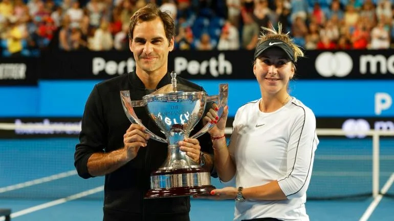 Roger Federer & Belinda Bencic with the 2019 Hopman Cup Championship Trophy