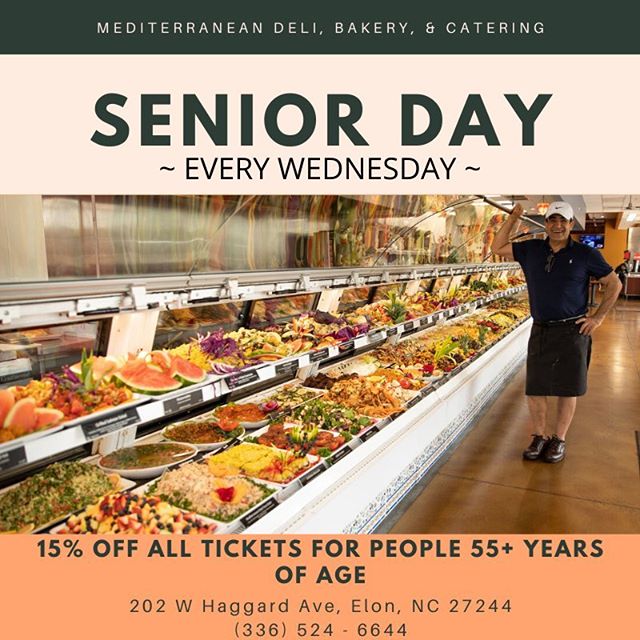 Senior discount 15% off every Wednesday! Come get some fresh Mediterranean food and hang out in downtown Elon!

#community #mediterranean #diet #fresh #catering #restaurant #food #cuisine