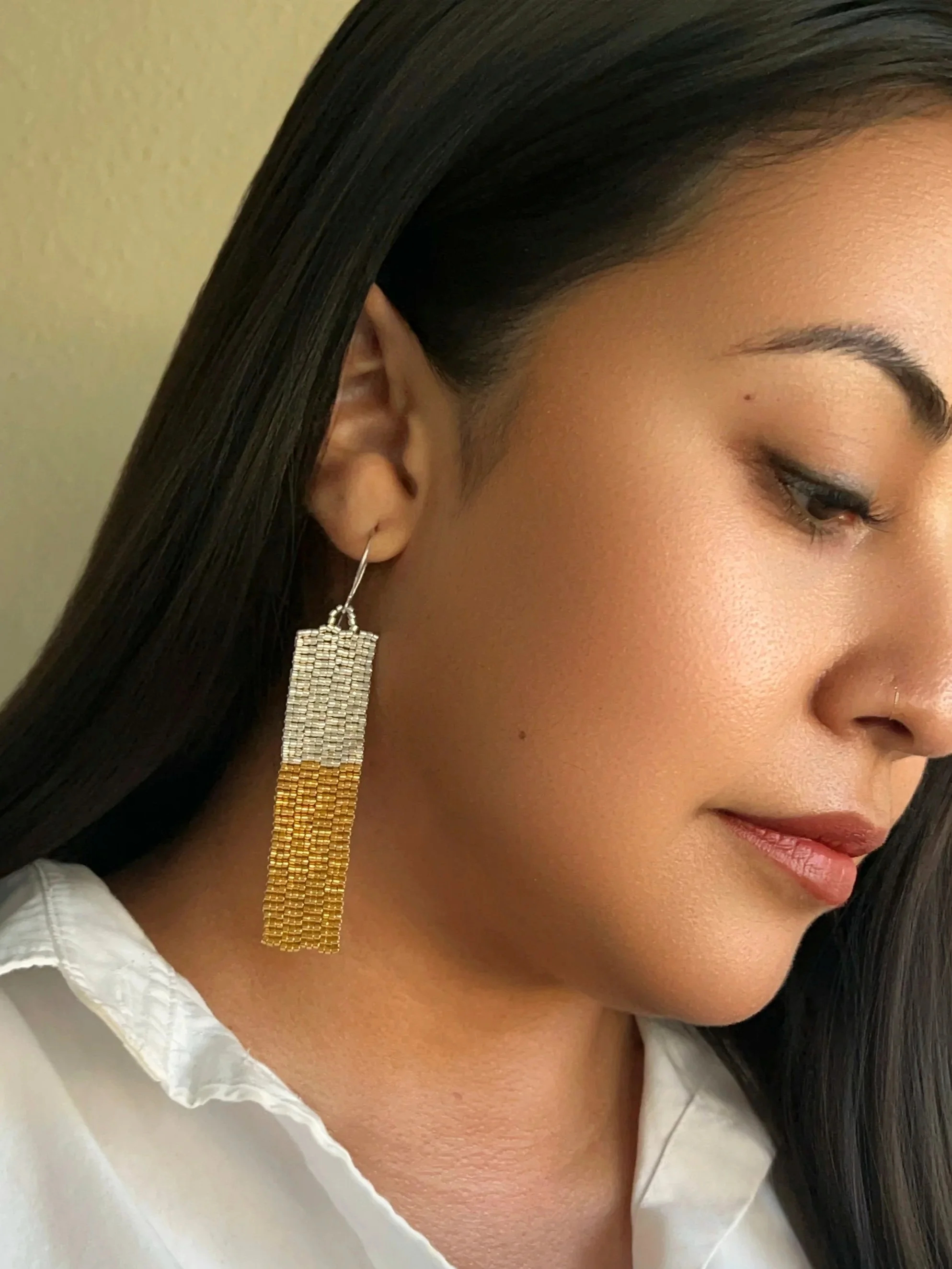 Diosa Radiance Long Gold &amp; Silver Dangle Earrings – Handcrafted with 24K Gold &amp; Sterling Silver Plated Glass Beads