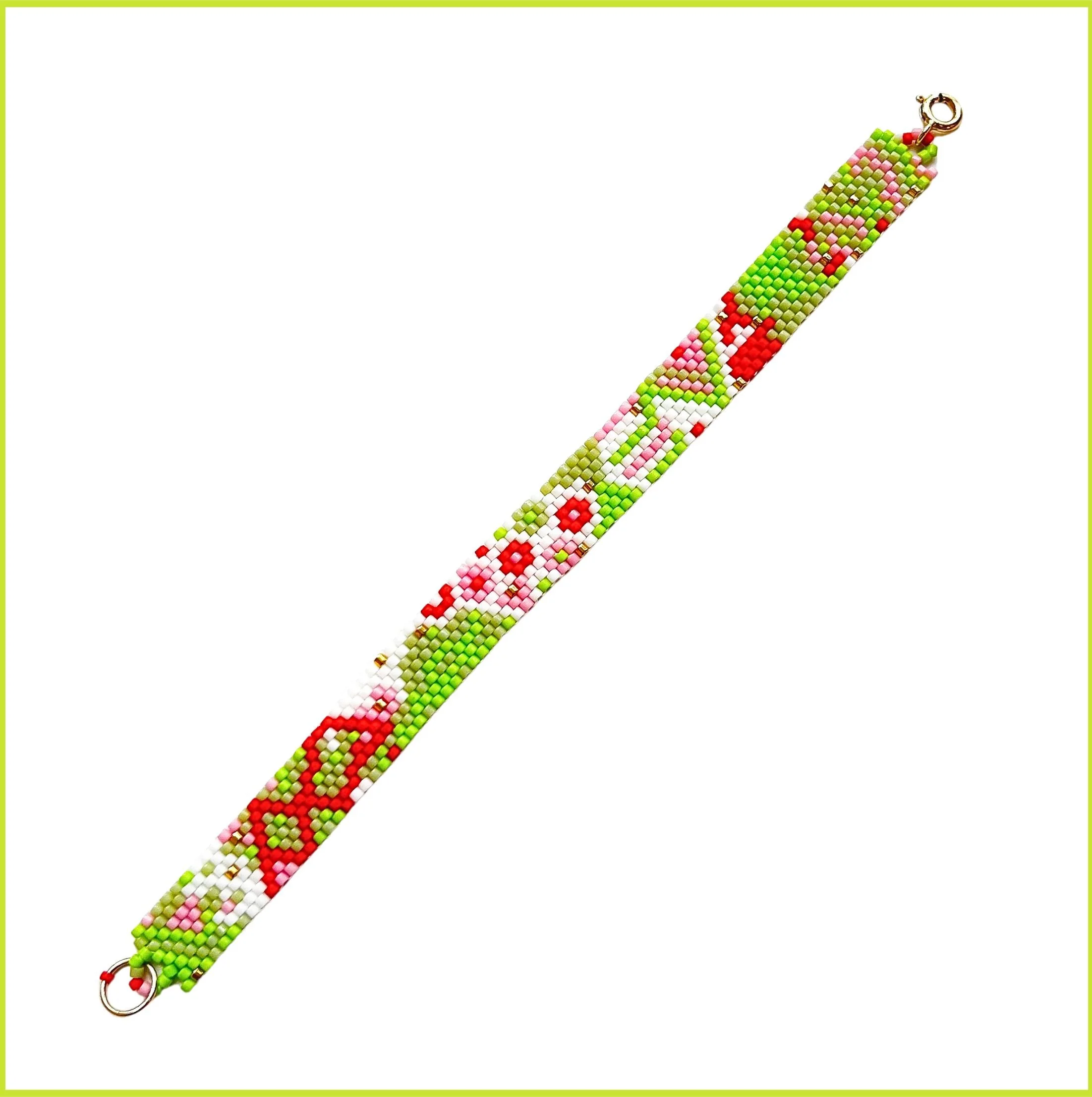 Red, Green & White Handcrafted Beaded Bracelet – One-of-a-Kind – Passion, Balance & Clarity