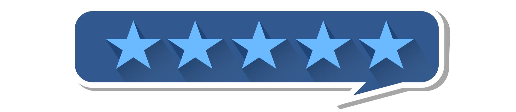 Five blue stars with a shadow effect inside a rounded rectangle speech bubble.