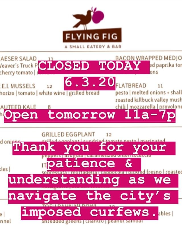 See you tomorrow! Curfew hours will be 11am-7pm. Dine in and take out available! Well stocked on wines & snacks in @marketatthefig as well.
.
.
.

#flyingfig #marketatthefig #theflyingfig #cleveland #clevelandohio #ohio #ohiocity #clevelandstrong