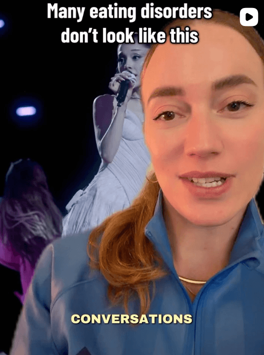 Katherine Metzelaar speaking to the camera beside a performance image, with text reading “Many eating disorders don’t look like this.”