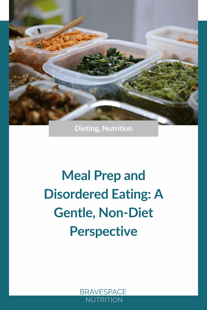 Meal prep containers filled with prepared food, showing a gentle, non-diet approach to meal prep that supports eating disorder recovery without rigid food rules.