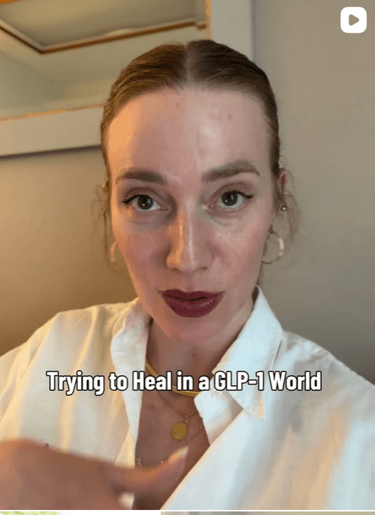 Katherine Metzelaar speaking to the camera with text that reads “Trying to Heal in a GLP-1 World.”