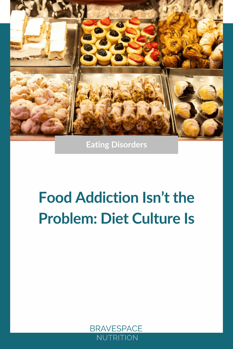 Assorted pastries and desserts on display in a bakery case with blog title ‘Food Addiction Isn’t the Problem: Diet Culture Is’ from Bravespace Nutrition.