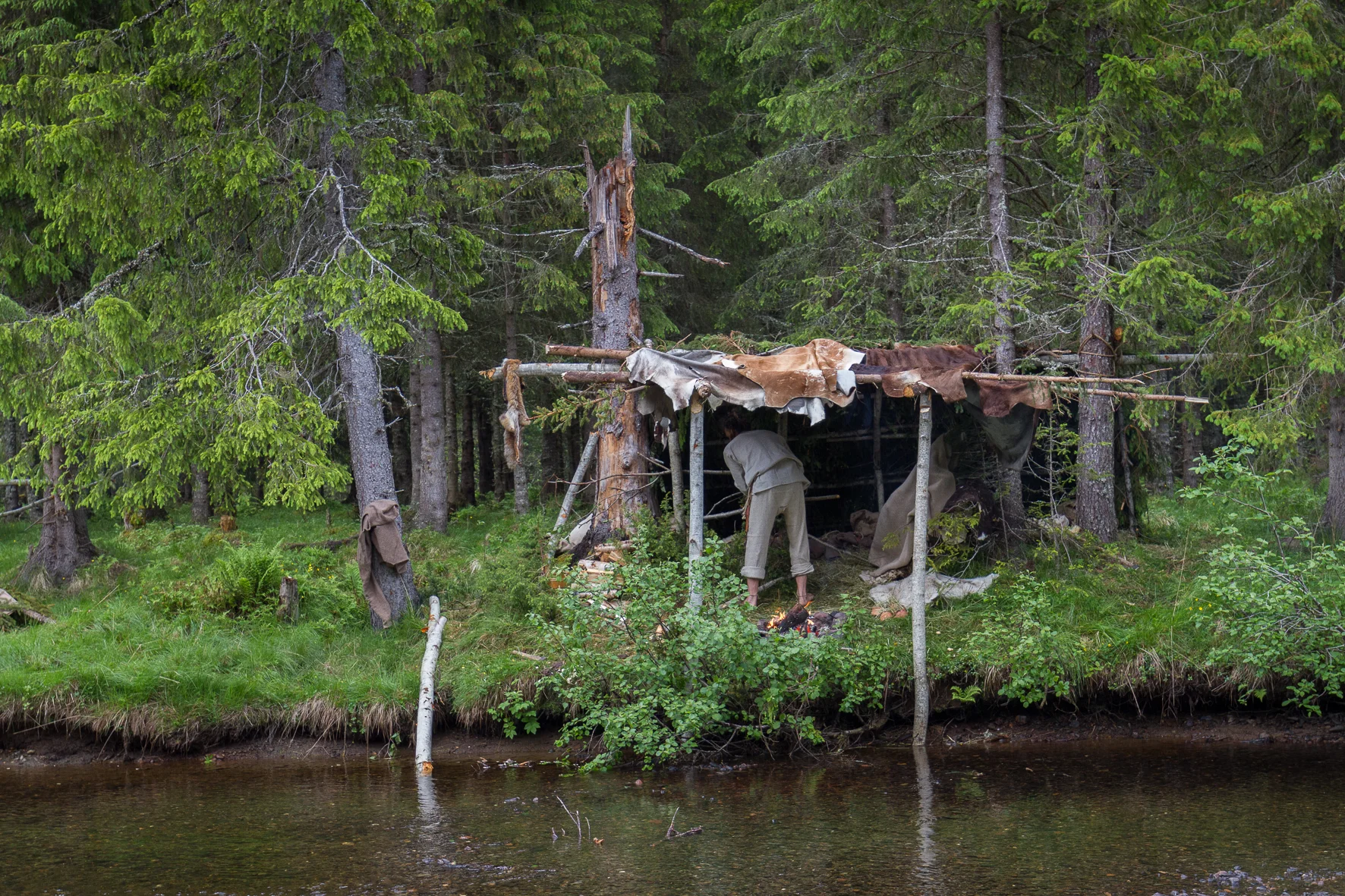 Photo from The Viking Way . Gapahuk made from pine twigs and skins. 