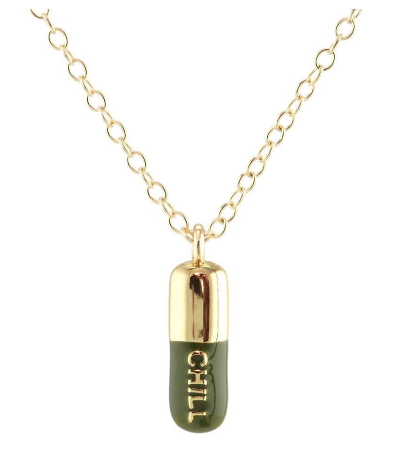 KRIS NATIONS Chill Pill Enamel Necklace - 18k Gold. Vermeil Black & Olive