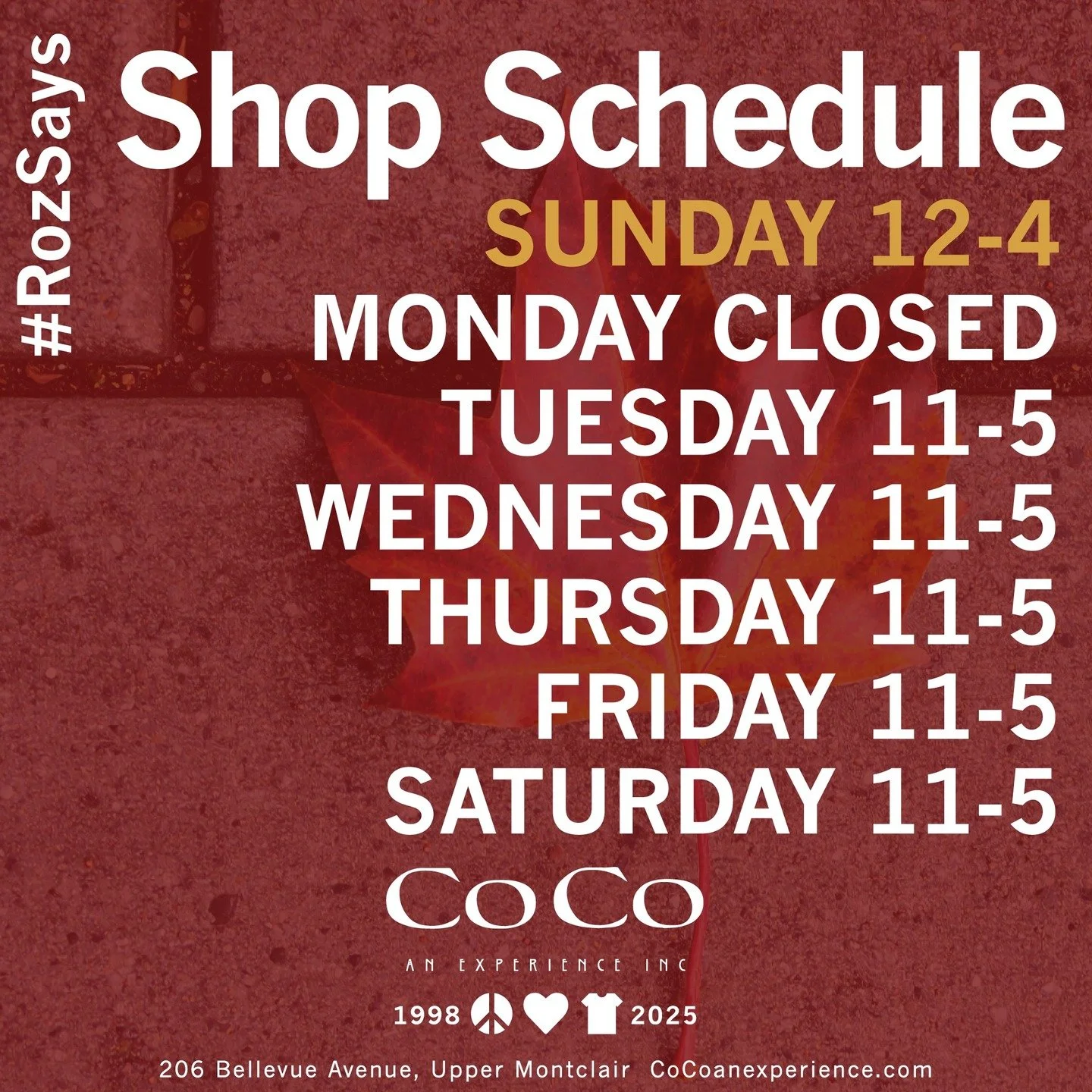 #RozSays SUNDAYS ARE BACK! You can now include Sunday for Shopping! Co Co an experience is OPEN SUNDAY 12-4 and TUESDAY THRU SATURDAY 11-5, Closed on Monday. #seeyouatcoco #cocoanexperience #206bellevueavenue #uppermontclairnj #montclairnj #peace #lo