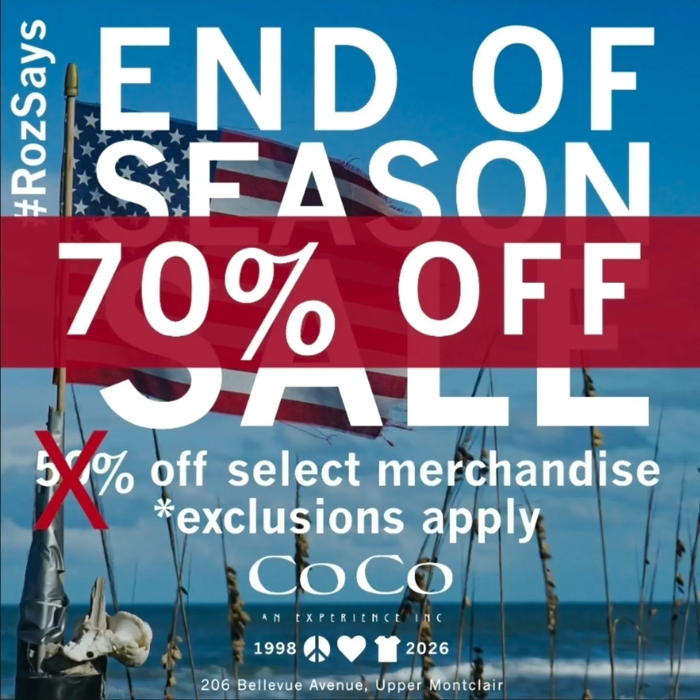 #RozSays what's better than the Co Co an experience 50% off END OF SEASON SALE?
70% off select merchandise! 
Get in here while styles last. We're open Tuesday through Saturday. 

#seeyouatcoco #cocoanexperience #206bellevueave #uppermontclairnj montc