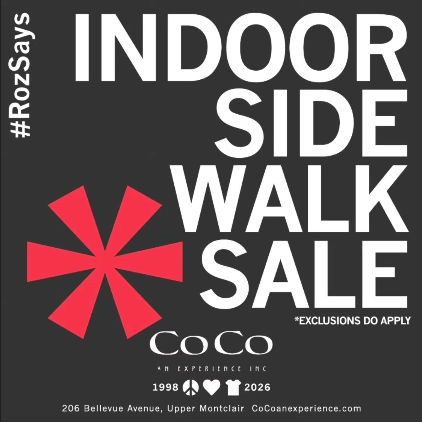 #RozSays the ANNUAL Co Co an experience INDOOR SIDEWALK SALE is in full! 

Tremendous deals on past season styles that you'll want to scoop up before they're gone! 

Open Tuesday - Saturday 11-5

#seeyouatcoco #cocoanexperience #206bellevueavenue #up
