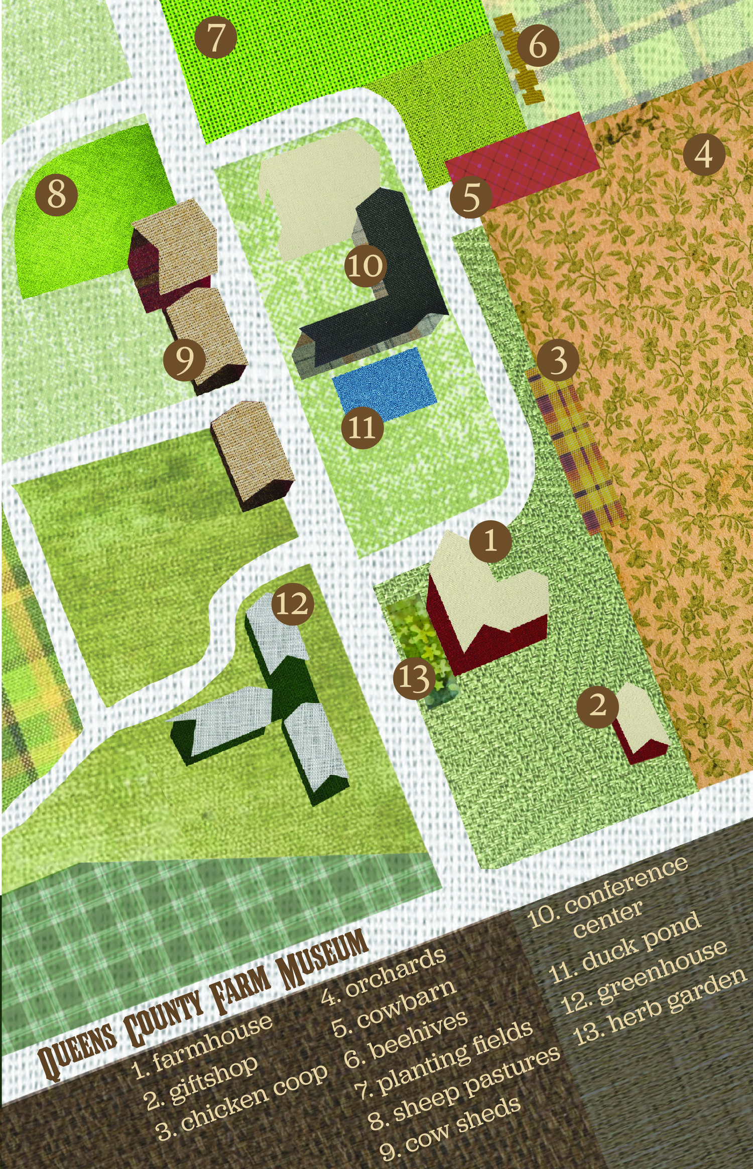 Map design inspired by the craftsmanship and the tradition of hand-making on a farm. As homage to the handmade tradition of quilting, I stitched a physical map together with found materials as well.