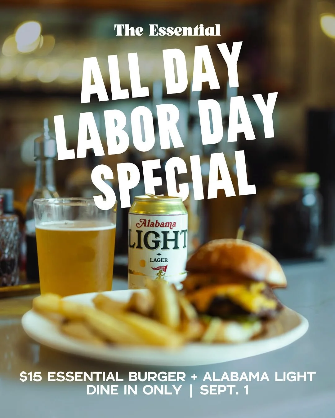 Last beer drinking holiday of the year!

Come celebrate all of your hard work with another $15 Essential Burger + Alabama Light special! We&rsquo;ll be serving it up all day 11am-9pm, dine-in only.

(Don&rsquo;t forget to ask about the @bearcreekfarm