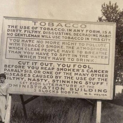 Zion, Illinois 1915. A mere 100 years later and we no long inhale secondhand smoke from the few remaining smokers