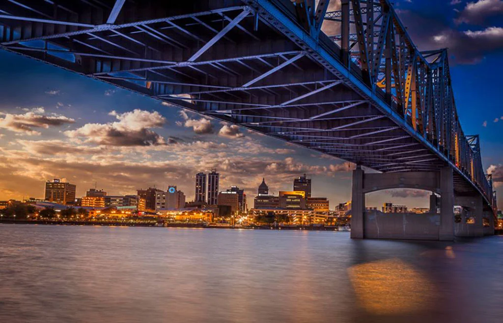 Photo of bridge into Peoria, Illinois at sunset.