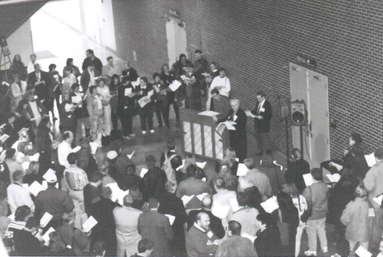 Black and white overhead picture of the All-Conference Sing at the Peoria Civic Center